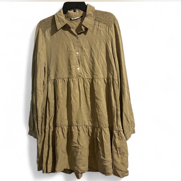 Khaki green Zara midi long sleeve 3/4 button up babydoll casual dress size large - Picture 4 of 8